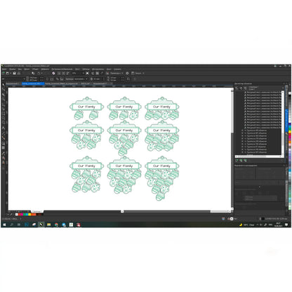 CorelDRAW software interface showing 8 vector file variations for a laser cut plywood family ornament with 2-9 mittens