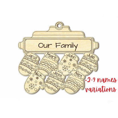Digital mockup of a laser cut plywood family ornament showing seven named mittens with red text for 2-9 name variations.