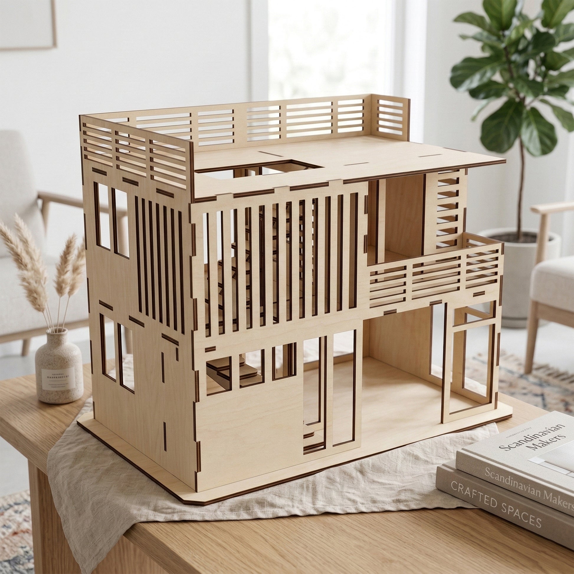 Modern two-story dollhouse kit made from laser cut plywood. Features open rooms, a rooftop terrace with slatted railings, and internal stairs. The natural wood structure rests on a neutral table next to decorative books and a potted plant.