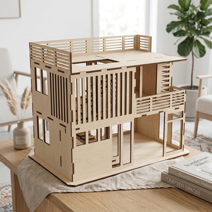 Modern two-story dollhouse kit made from laser cut plywood. Features open rooms, a rooftop terrace with slatted railings, and internal stairs. The natural wood structure rests on a neutral table next to decorative books and a potted plant.