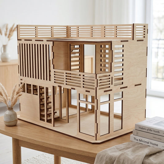 Side view of a contemporary dollhouse made of laser cut plywood. Shows the architectural slatted balcony and large window openings. The smooth wood texture and dark edges emphasize the modular, minimalist design of the toy house.