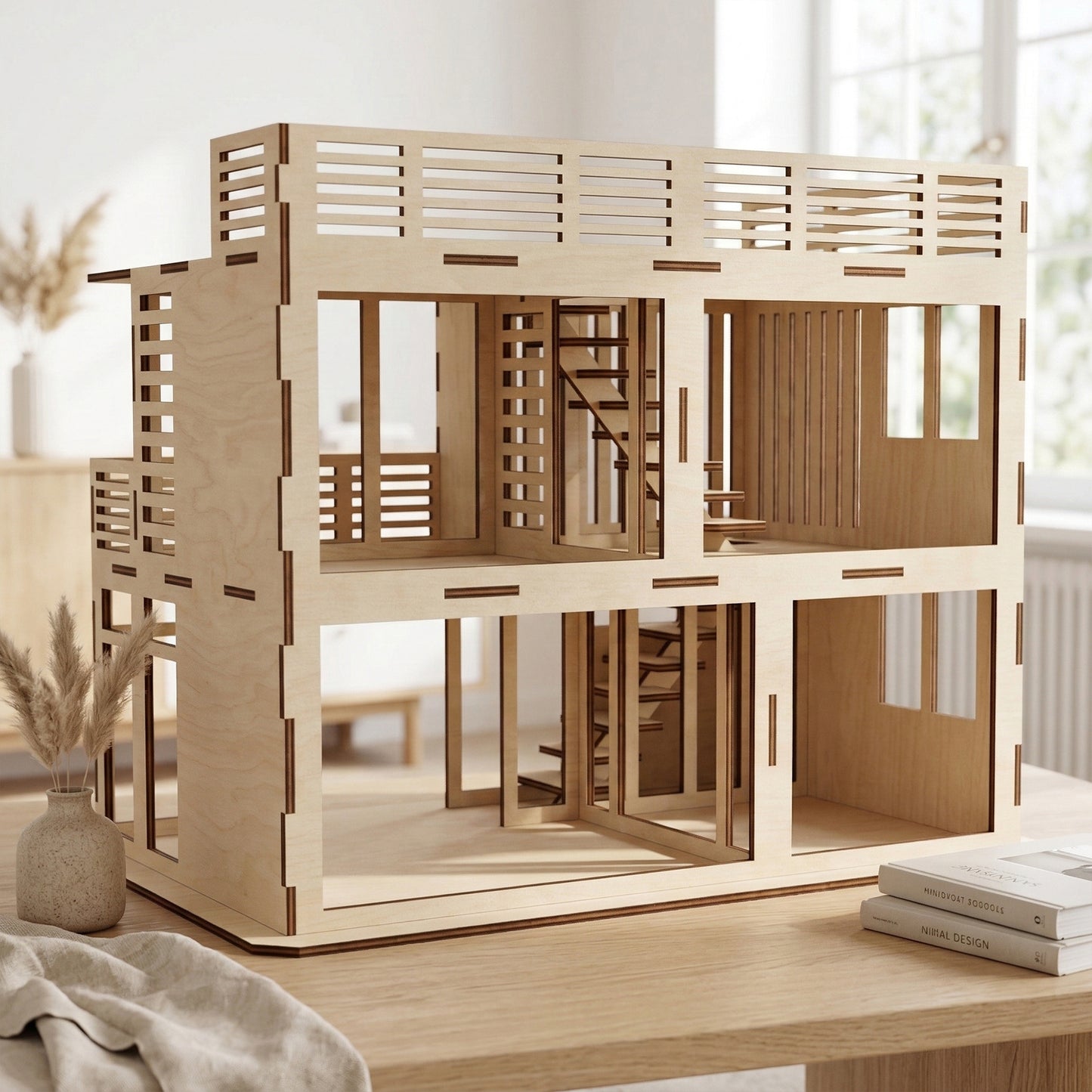 Interior view of a laser cut plywood dollhouse showing four open rooms and a central staircase. The design features clean lines and a slatted roof parapet. Natural light illuminates the light-colored wood panels and interlocking joints.