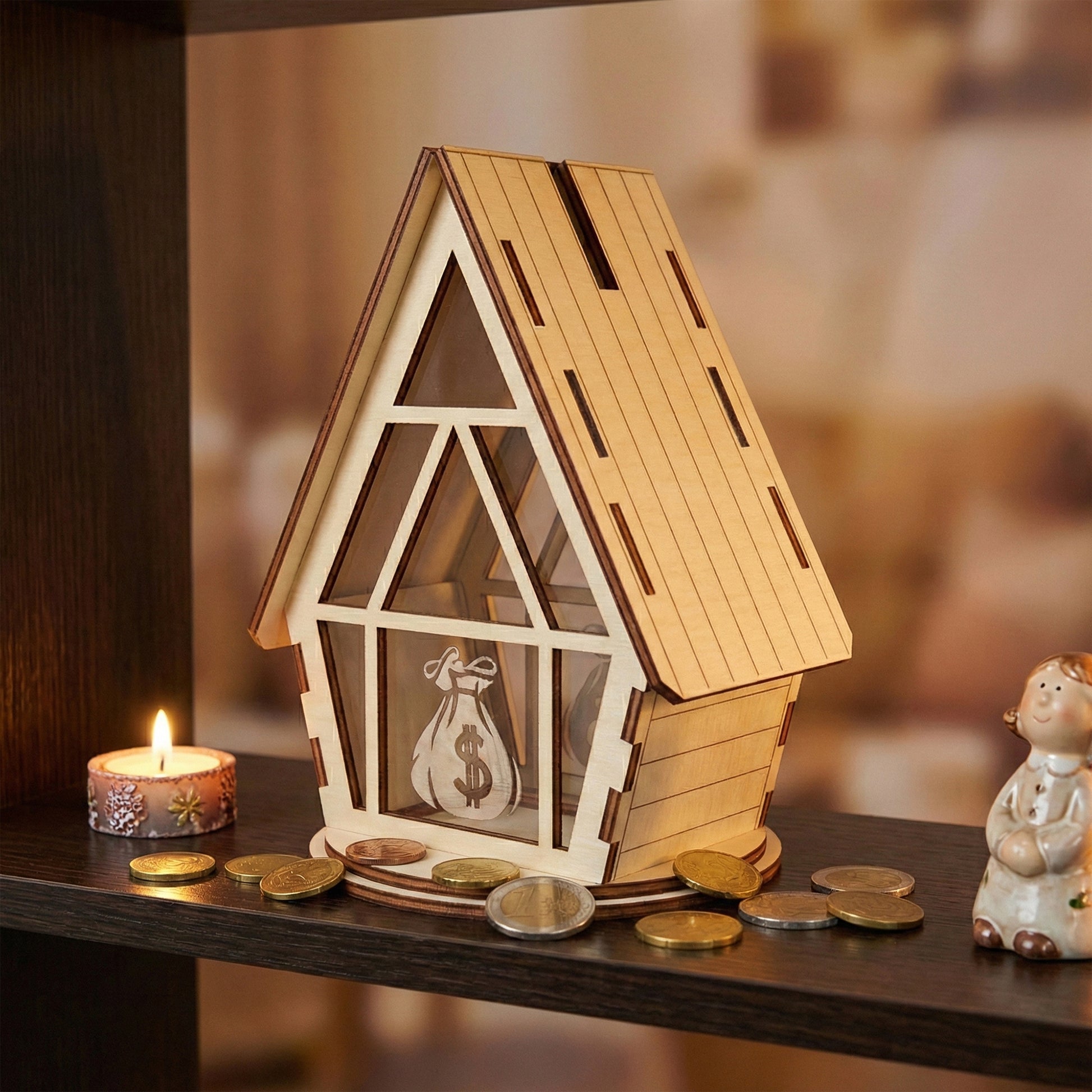 House-shaped money box made of laser cut plywood with a high-pitched roof and coin slot. The front features a clear acrylic window with an engraved money bag icon. It is displayed on a dark shelf next to a small candle and scattered coins for scale.