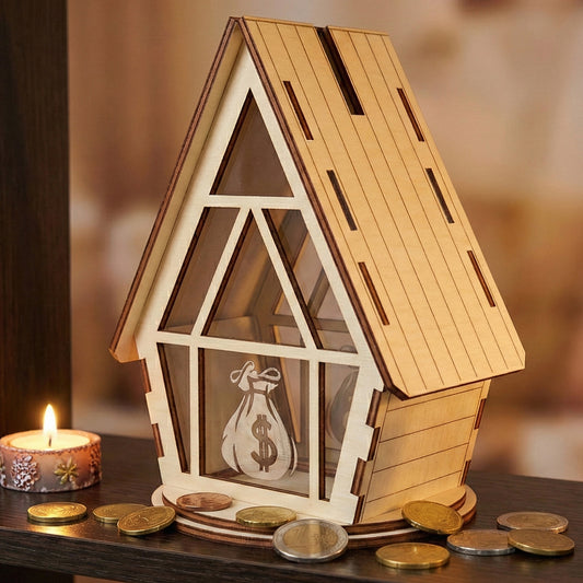 House-shaped money box made of laser cut plywood with a high-pitched roof and coin slot. The front features a clear acrylic window with an engraved money bag icon. It is displayed on a dark shelf next to a small candle and scattered coins for scale.