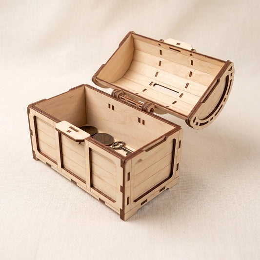 Wooden treasure chest laser cut model with a key on a light background