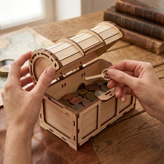 Wooden coin bank with coins inside, being opened by hands on a wooden table.