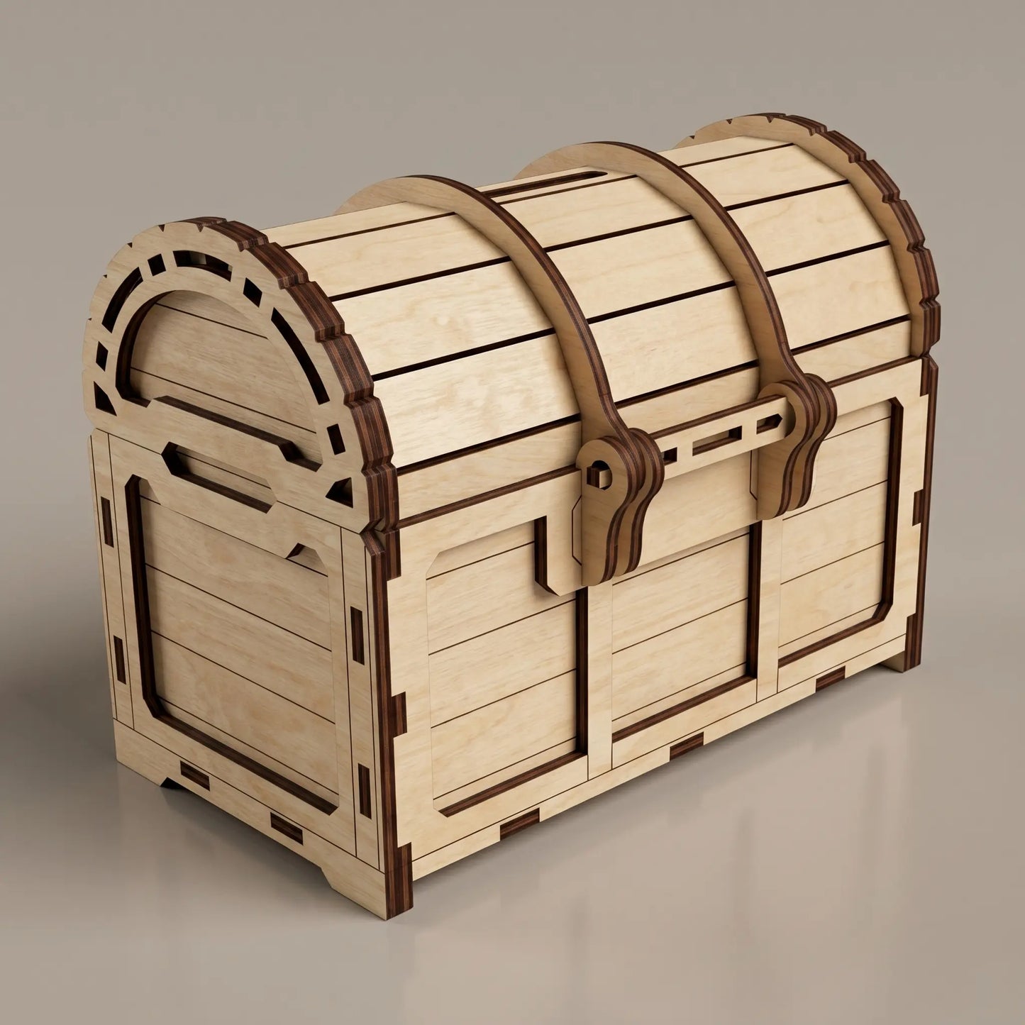 Wooden laser cut treasure chest with brown accents on a gray background