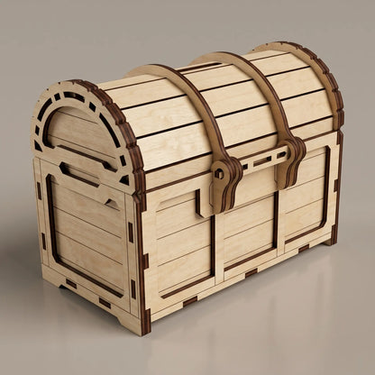 Wooden laser cut treasure chest with brown accents on a gray background