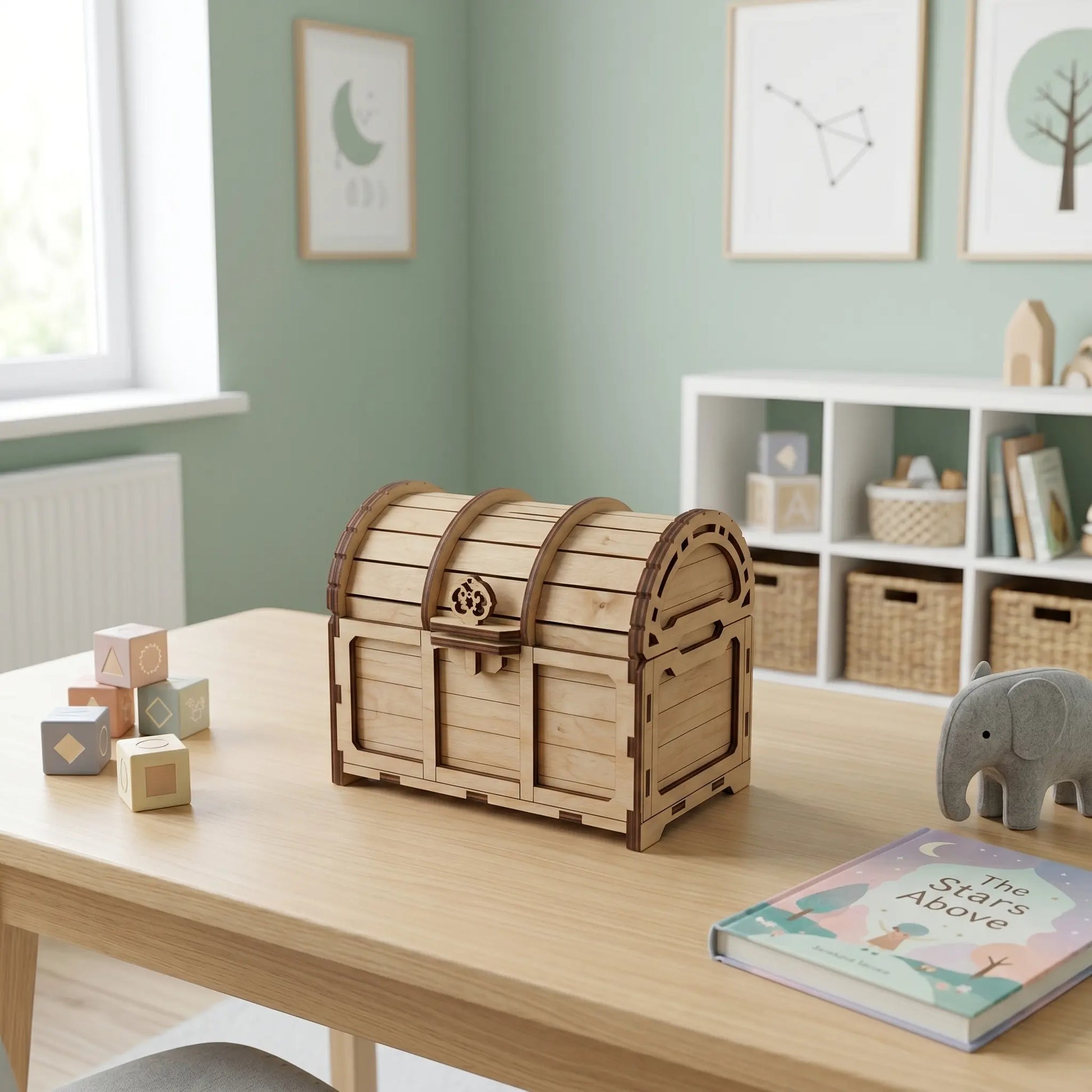 Wooden treasure chest on a table in a child's room with books and toys.