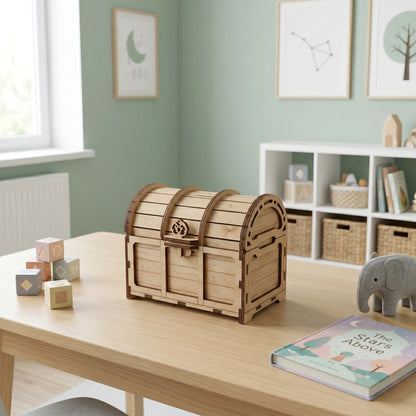 Wooden treasure chest on a table in a child's room with books and toys.