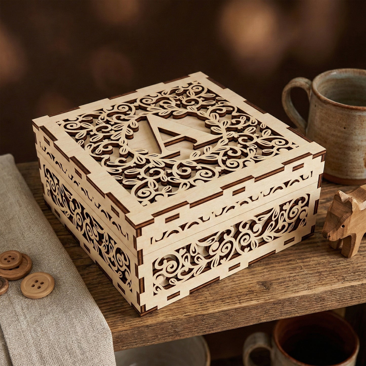 Square laser cut plywood keepsake box featuring a personalized letter "A" monogram on the lid, surrounded by intricate vine and leaf filigree. The sides show matching floral cutouts and finger-joint construction. Sits on a wooden shelf next to a ceramic mug.