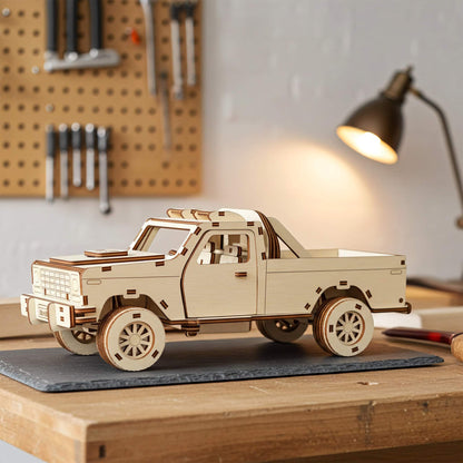Laser cut wooden plywood pickup truck 3D model on a slate mat in a workshop. Detailed plywood assembly featuring a truck bed with a roll bar, off-road tires, and interior seats. Background shows a tool pegboard and a warm glowing desk lamp.