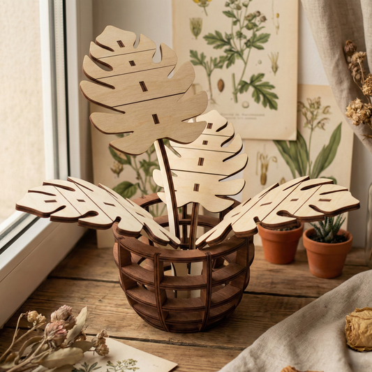 wooden laser cut monstera modes standing near the window with vintage posters