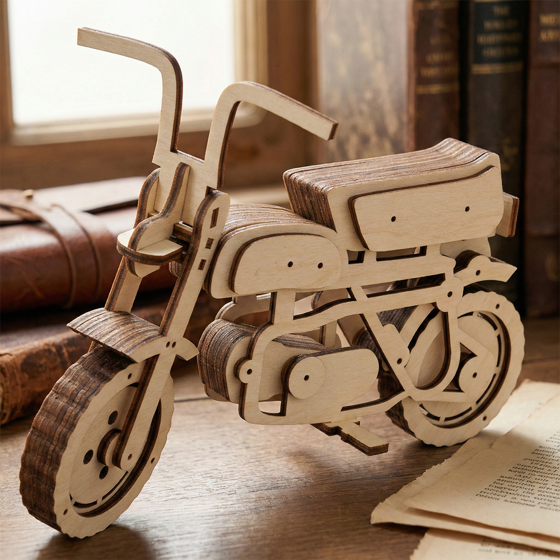 Wooden laser cut motorcycle model on a wooden surface with books in the background