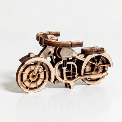Wooden motorcycle miniature model on a white background
