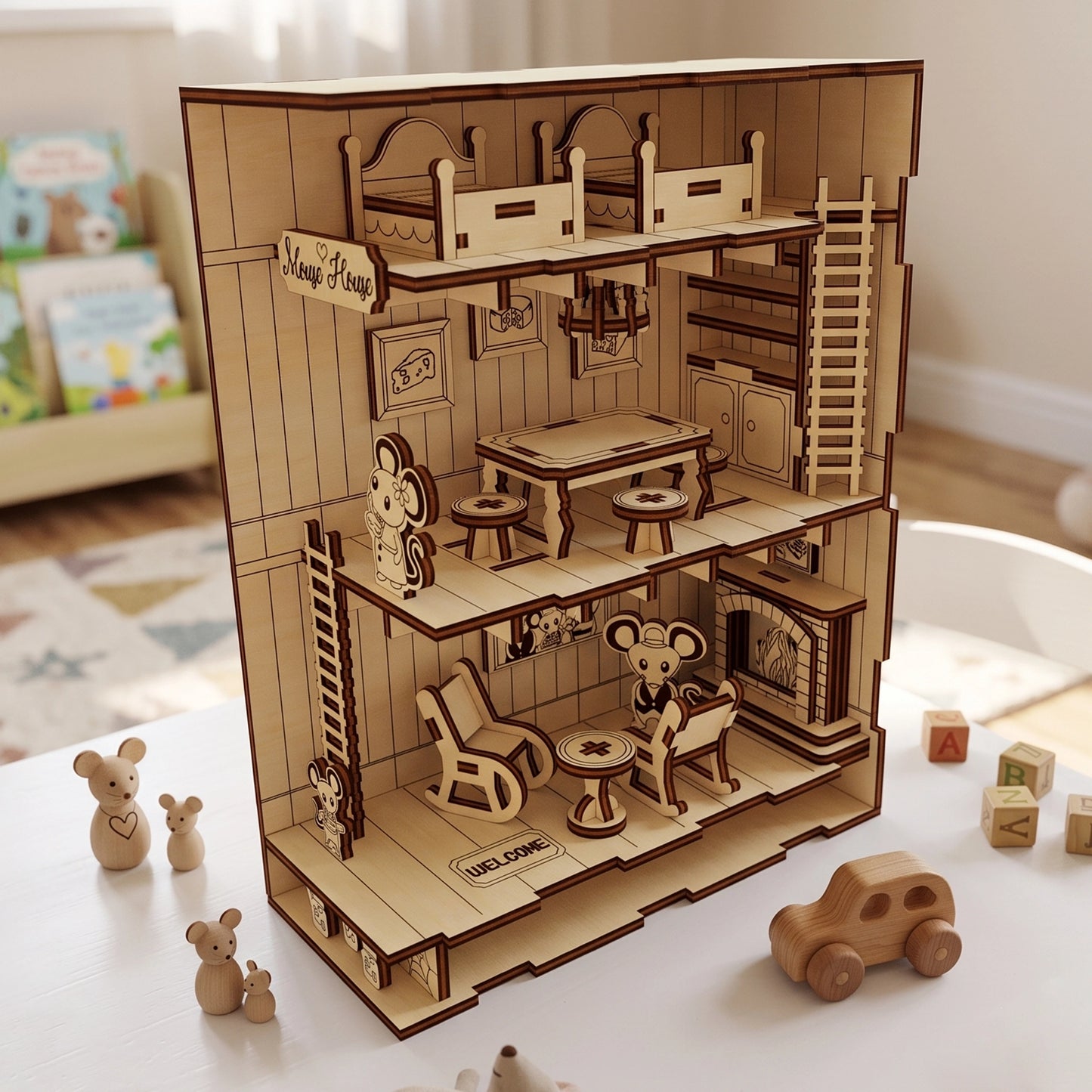 Multi-level laser-cut birch plywood mouse house model on a table with wooden toys, featuring detailed rooms and dark burnt edges.