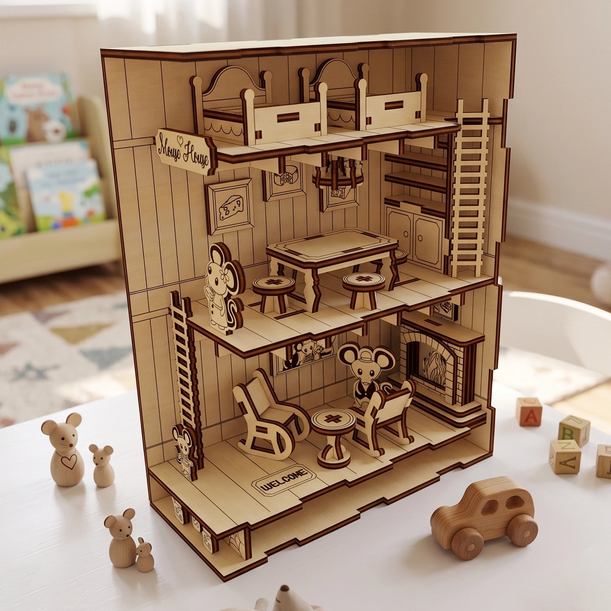 Multi-level laser-cut birch plywood mouse house model on a table with wooden toys, featuring detailed rooms and dark burnt edges.