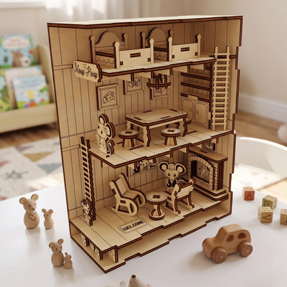 Multi-level laser-cut birch plywood mouse house model on a table with wooden toys, featuring detailed rooms and dark burnt edges.