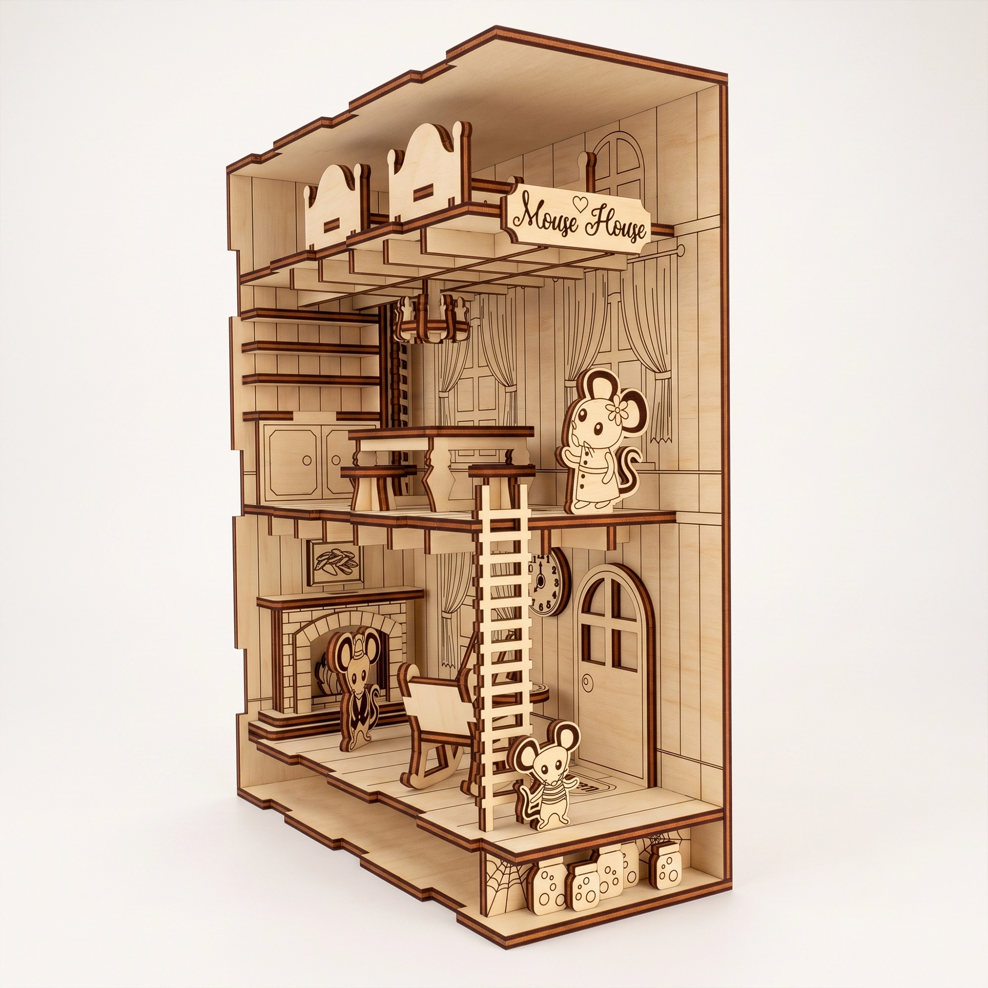 Three-quarter studio view of a laser-cut birch plywood mouse house book nook with detailed wooden furniture and mouse figures