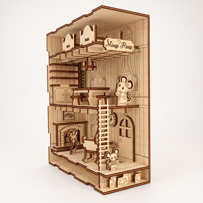 Three-quarter studio view of a laser-cut birch plywood mouse house book nook with detailed wooden furniture and mouse figures