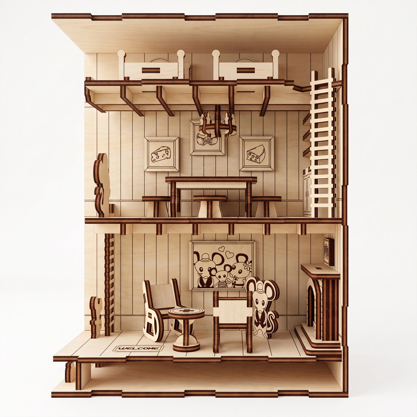 Studio view of a multi-level laser-cut birch plywood mouse house model featuring tiny furniture, rooms, and dark burnt edges.
