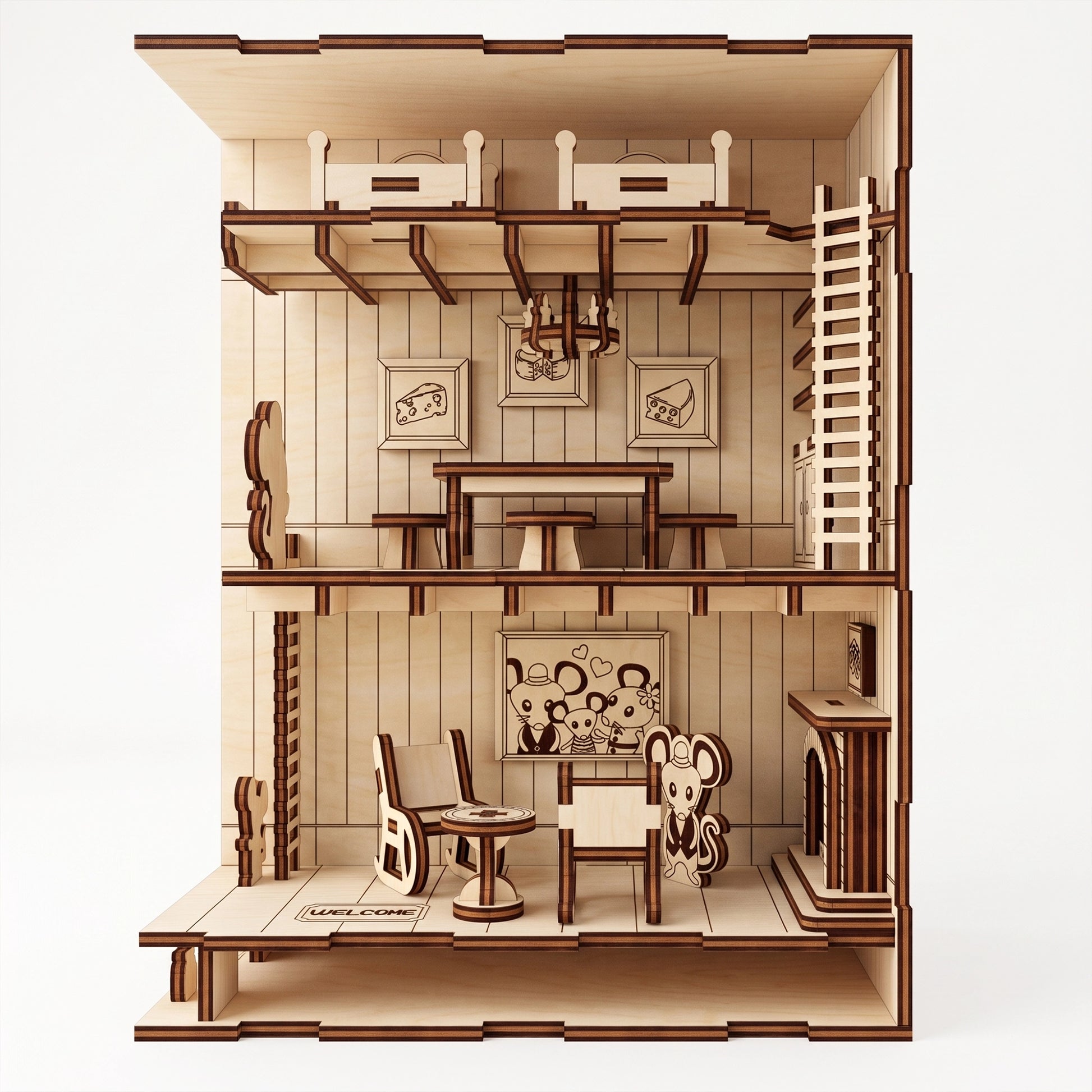Studio view of a multi-level laser-cut birch plywood mouse house model featuring tiny furniture, rooms, and dark burnt edges.