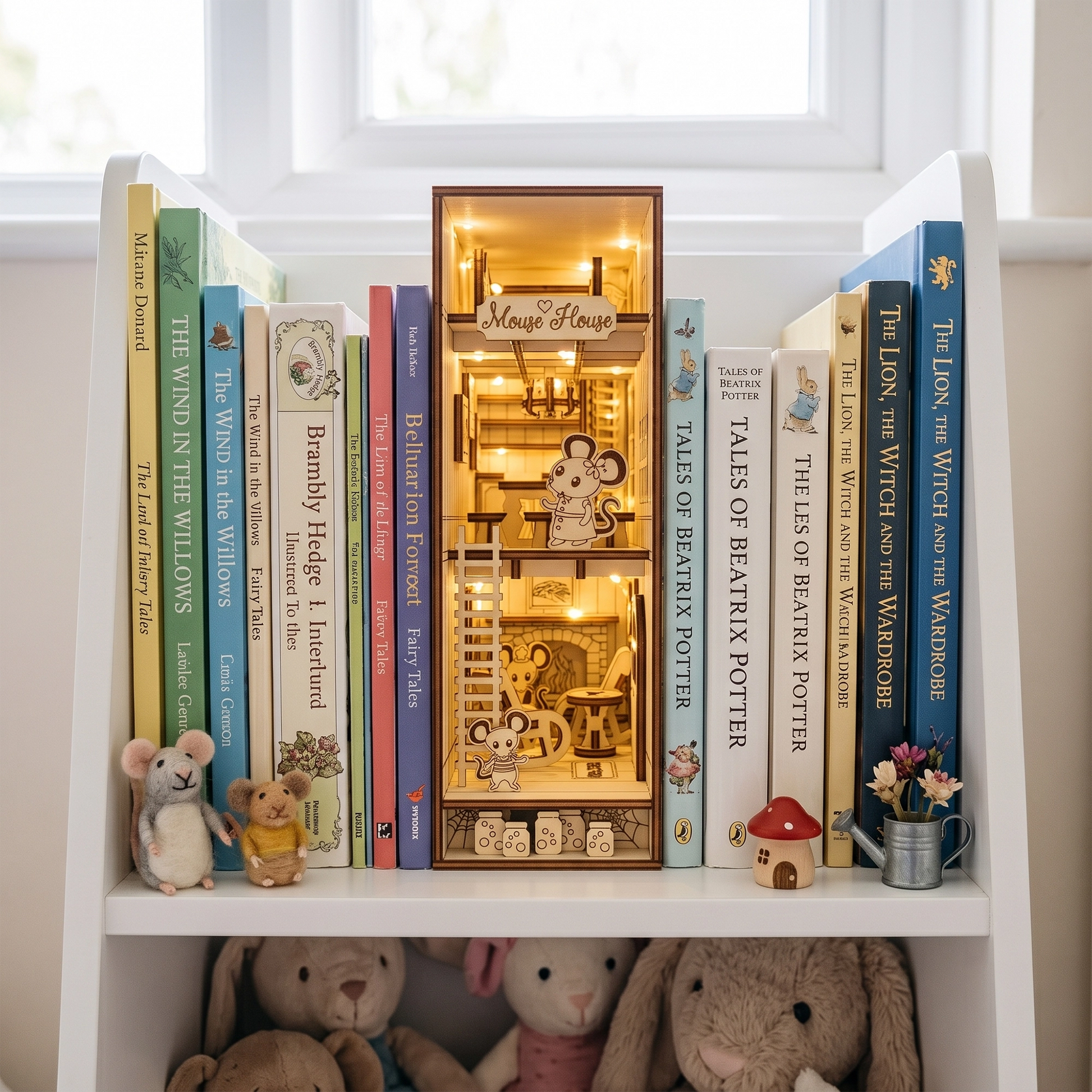 Lit laser-cut birch plywood mouse house book nook on a shelf between children's books, with tiny toy mice and fairy decor.