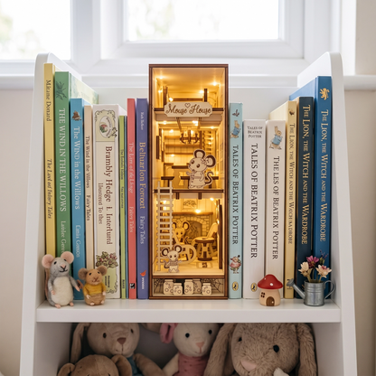 Lit laser-cut birch plywood mouse house book nook on a shelf between children's books, with tiny toy mice and fairy decor.