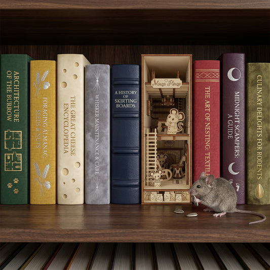 Intricate Mouse House Book Nook made of laser cut wood showing a cozy rodent residence, displayed with a real mouse in a bookshelf background.
