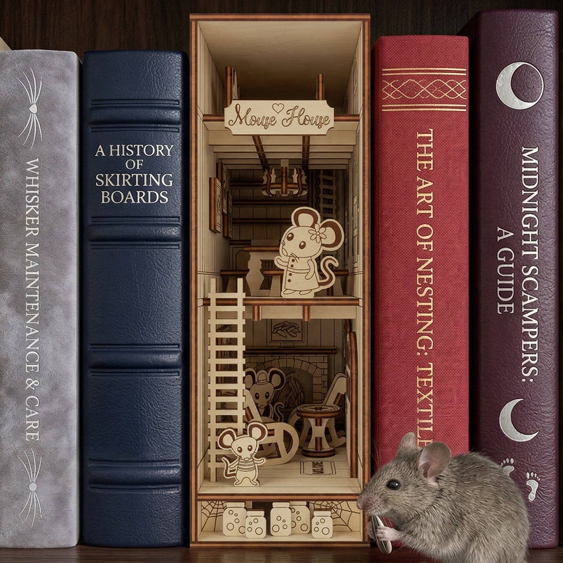 Detailed laser cut wooden Mouse House Book Nook featuring a tiny mouse figure inside a multi-level home, nestled between books in a library shelf background.