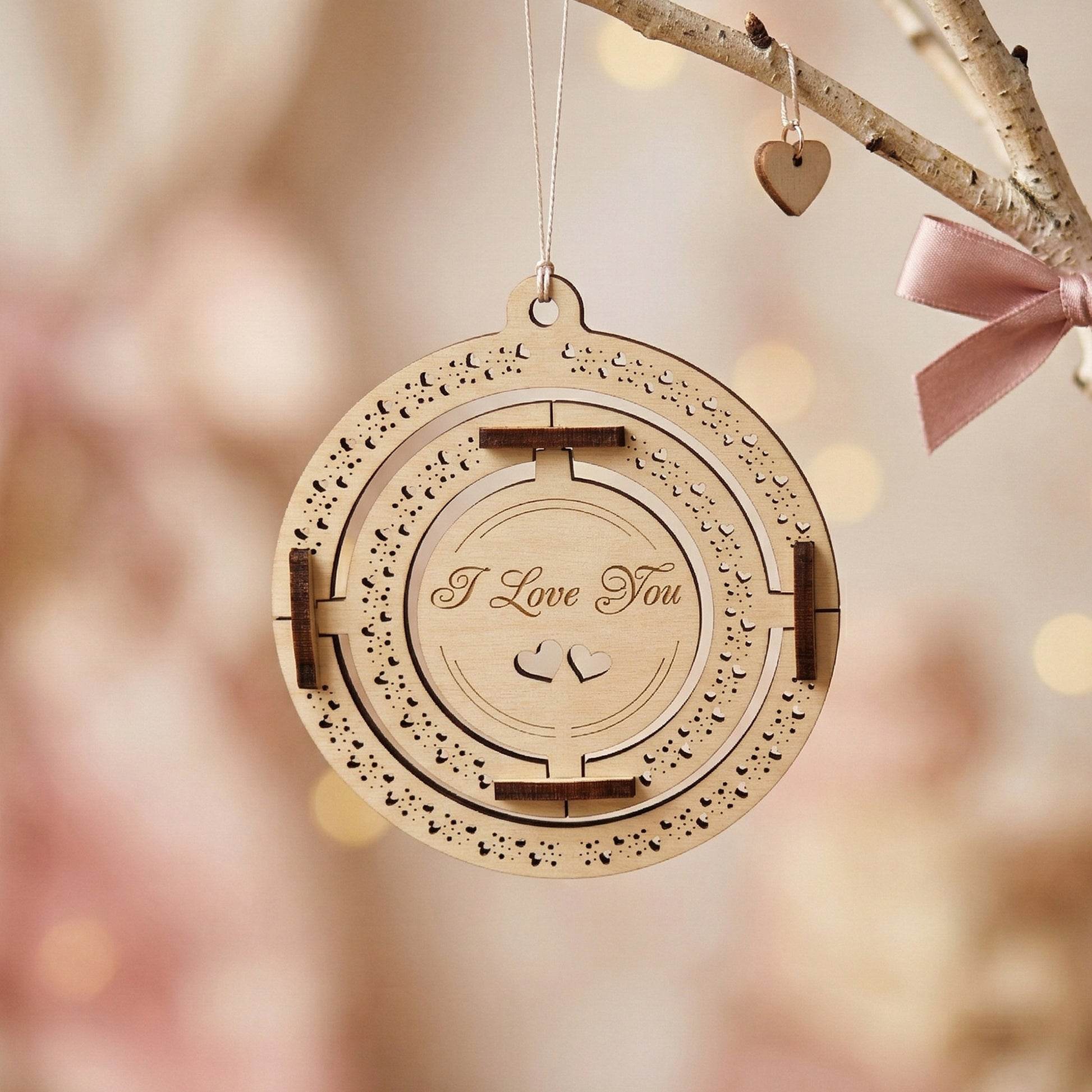 A frontal view of a 3D kinetic Valentine's Day ornament made of laser-cut plywood. The central circle is engraved with "I Love You" in elegant script, surrounded by two moving rings featuring intricate heart-shaped patterns. Handcrafted wooden gift hanging in a soft, romantic setting.