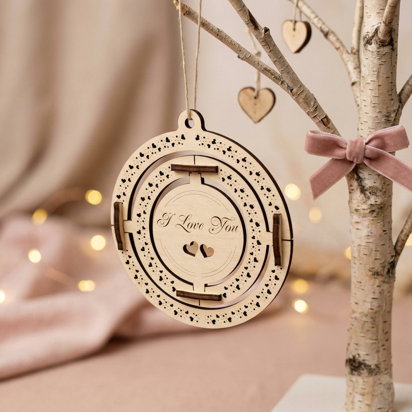 Angled shot of a handcrafted wooden Valentine's gift hanging on a birch-style branch with a pink velvet bow. The plywood ornament showcases precise laser-etched details and heart motifs. Styled in a warm, aesthetic environment with soft ambient lighting.