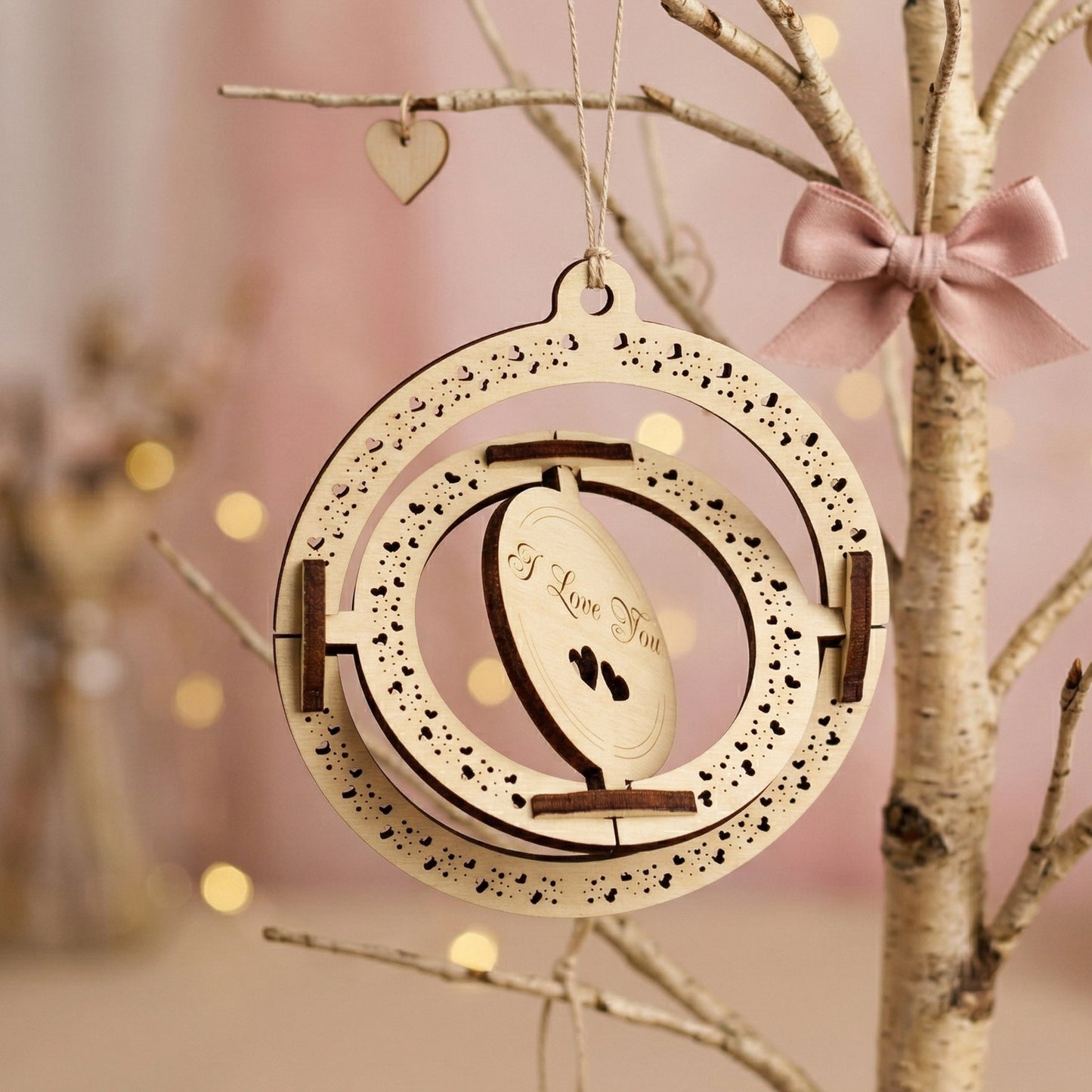Side-angled view demonstrating the spinning mechanism of a 3D laser-cut plywood Valentine's card. The inner circle is tilted to show the kinetic design. Engraved with "I Love You" and heart patterns, the ornament is displayed on a decorative branch with a satin bow.
