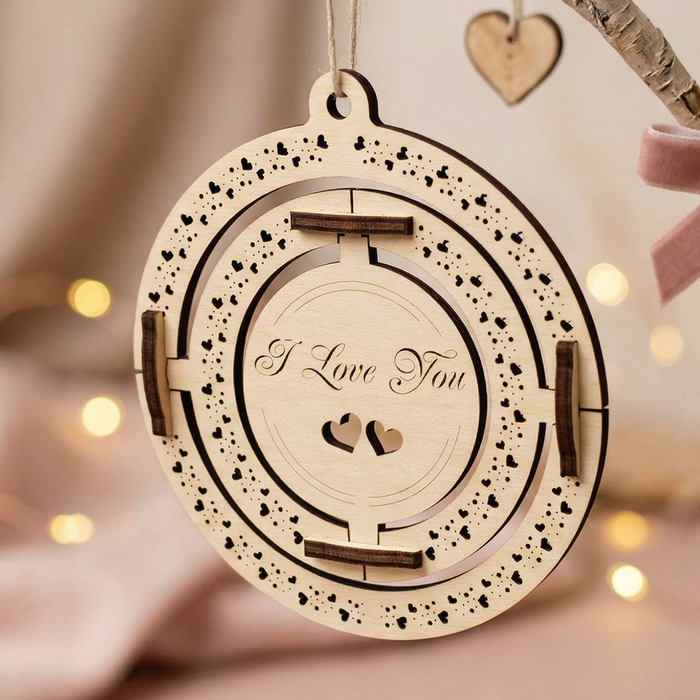 Angled shot of a handcrafted wooden Valentine's gift hanging on a birch-style branch with a pink velvet bow. The plywood ornament showcases precise laser-etched details and heart motifs. Styled in a warm, aesthetic environment with soft ambient lighting.