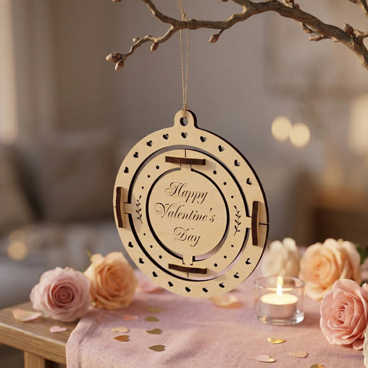A 3D spinning Valentine's Day ornament made from laser-cut plywood. The central circle features "Happy Valentine's Day" in elegant script, surrounded by two moving rings with heart and leaf engravings. Hanging from a branch over a romantic table with pink roses and a candle.