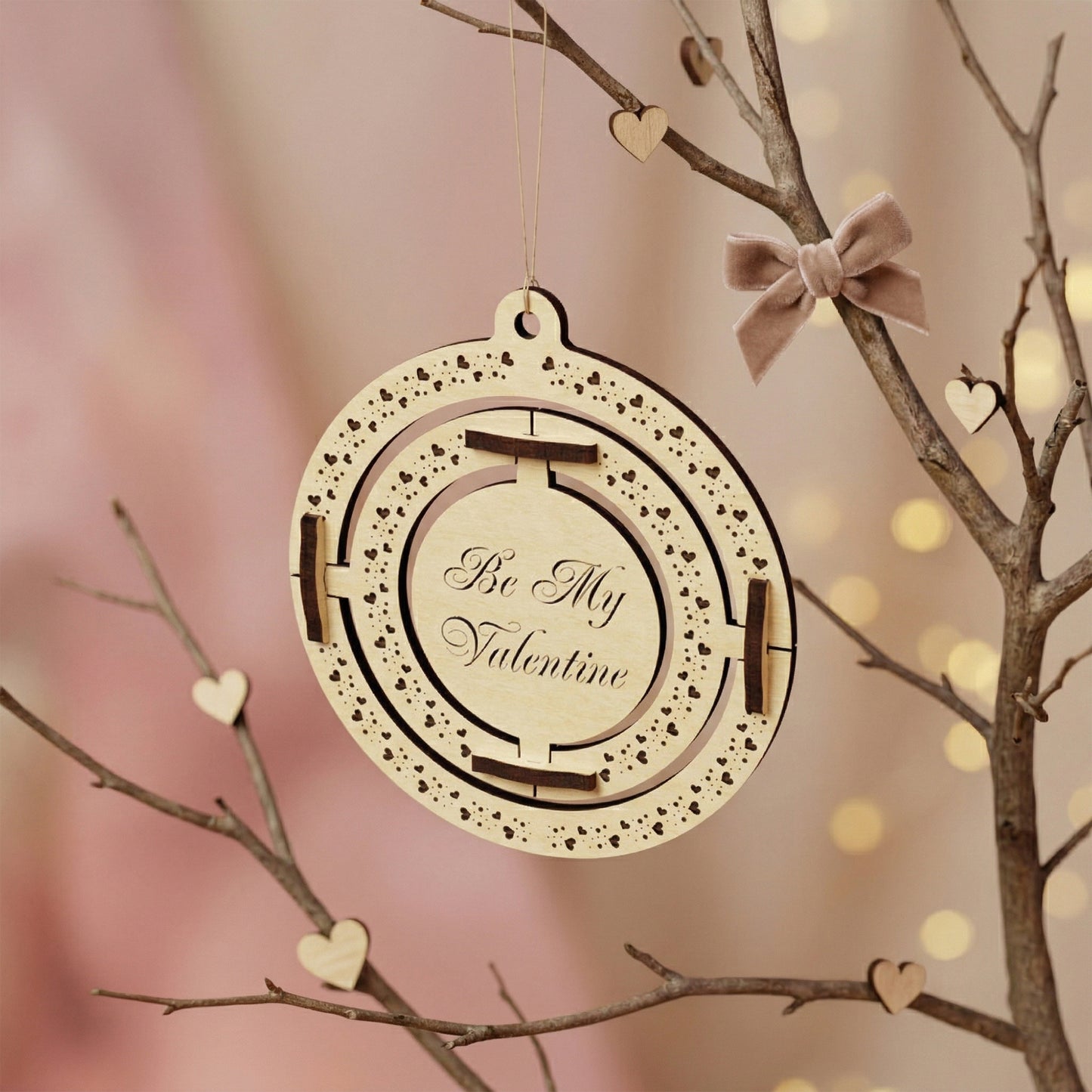 A 3D kinetic Valentine's Day ornament made of laser-cut plywood. The central circle is engraved with "Be My Valentine" in elegant script, surrounded by two nested moving rings with intricate heart patterns. Hanging from a branch with a soft velvet bow in a romantic, aesthetic setting.