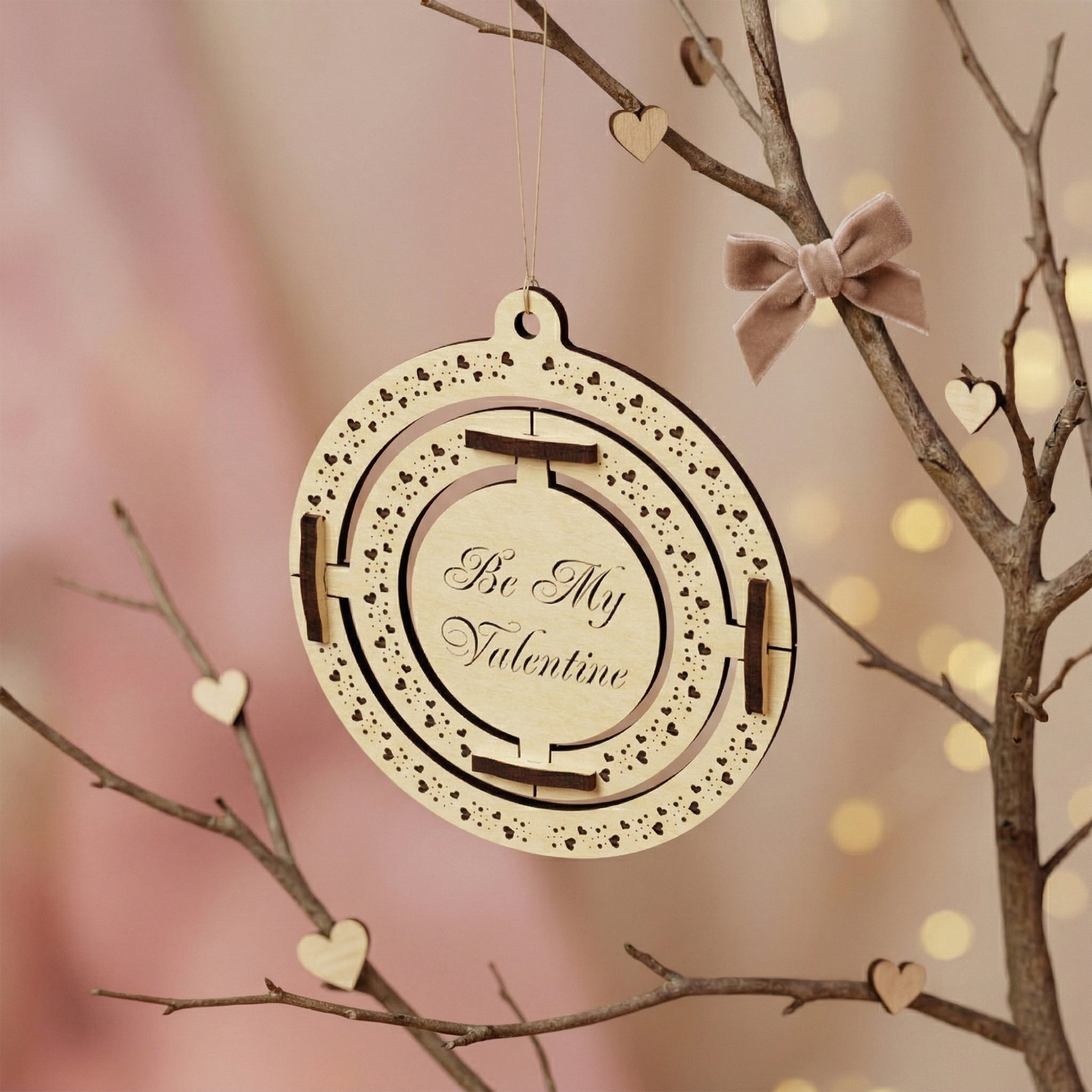 A 3D kinetic Valentine's Day ornament made of laser-cut plywood. The central circle is engraved with "Be My Valentine" in elegant script, surrounded by two nested moving rings with intricate heart patterns. Hanging from a branch with a soft velvet bow in a romantic, aesthetic setting.