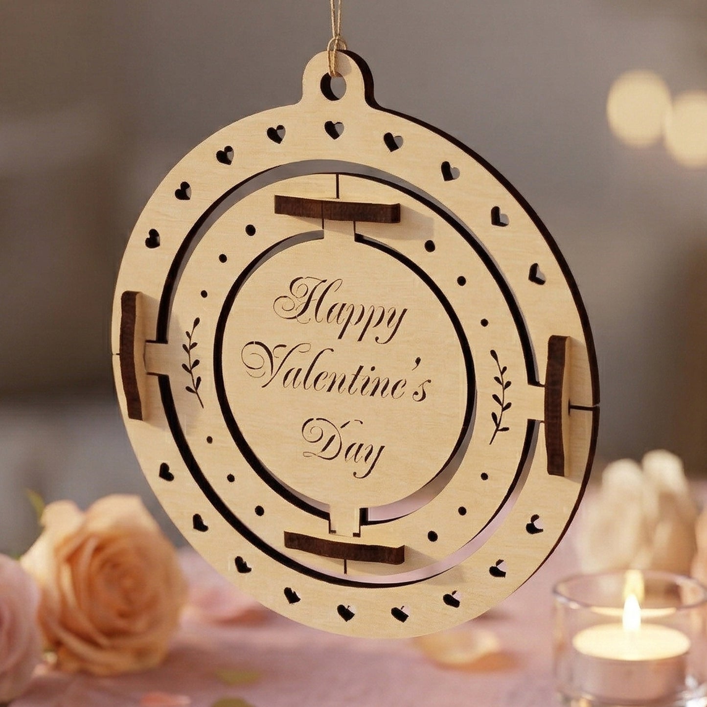 A 3D spinning Valentine's Day ornament made from laser-cut plywood. The central circle features "Happy Valentine's Day" in elegant script, surrounded by two moving rings with heart and leaf engravings. Hanging from a branch over a romantic table with pink roses and a candle.