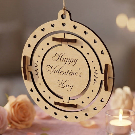 A 3D spinning Valentine's Day ornament made from laser-cut plywood. The central circle features "Happy Valentine's Day" in elegant script, surrounded by two moving rings with heart and leaf engravings. Hanging from a branch over a romantic table with pink roses and a candle.