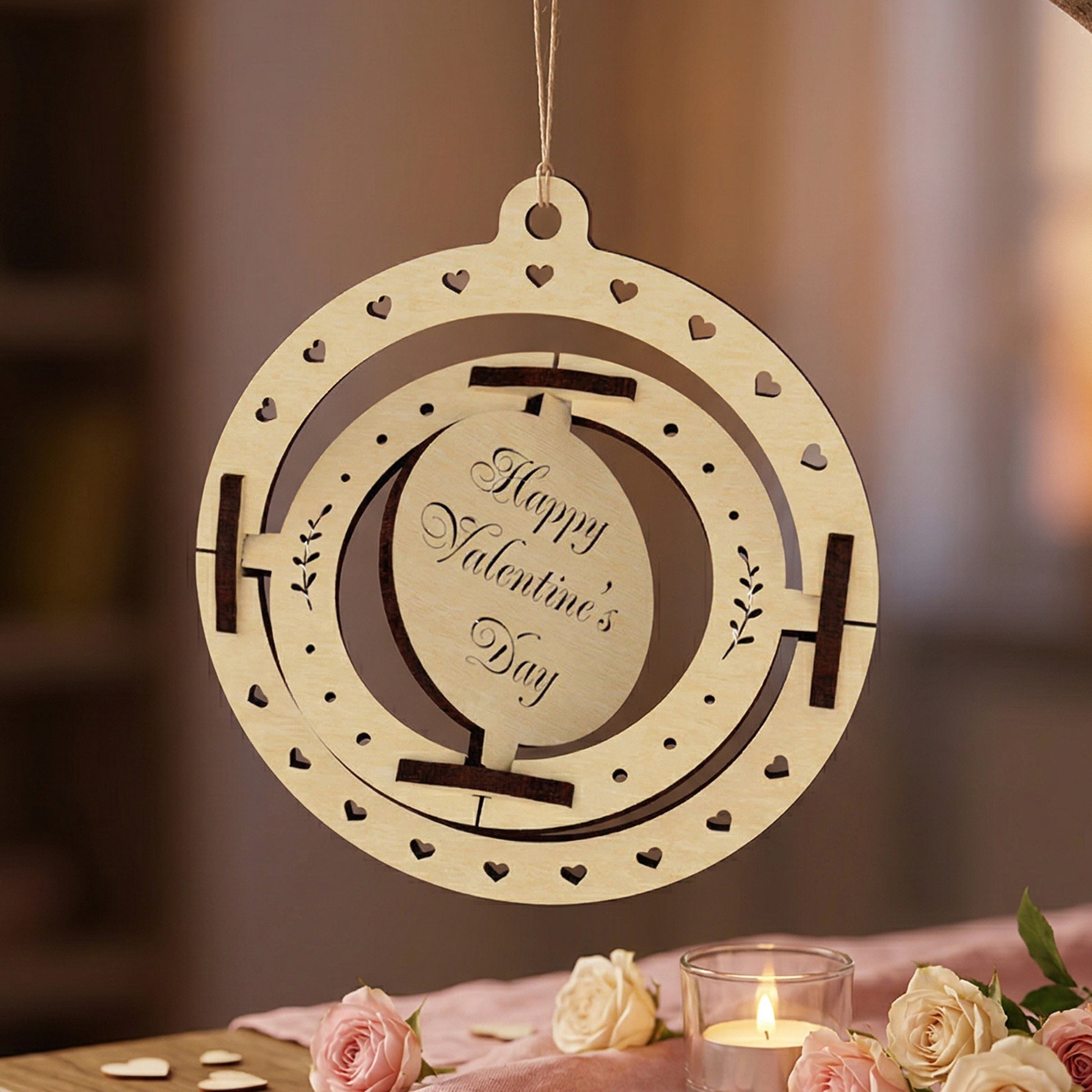 A kinetic laser-cut wooden Valentine's Day card showing the central circle tilted on its spinning axis. The handcrafted plywood design features a heart-patterned outer ring and interlocking moving parts. Posed in a warm, aesthetic setting with roses and heart confetti.