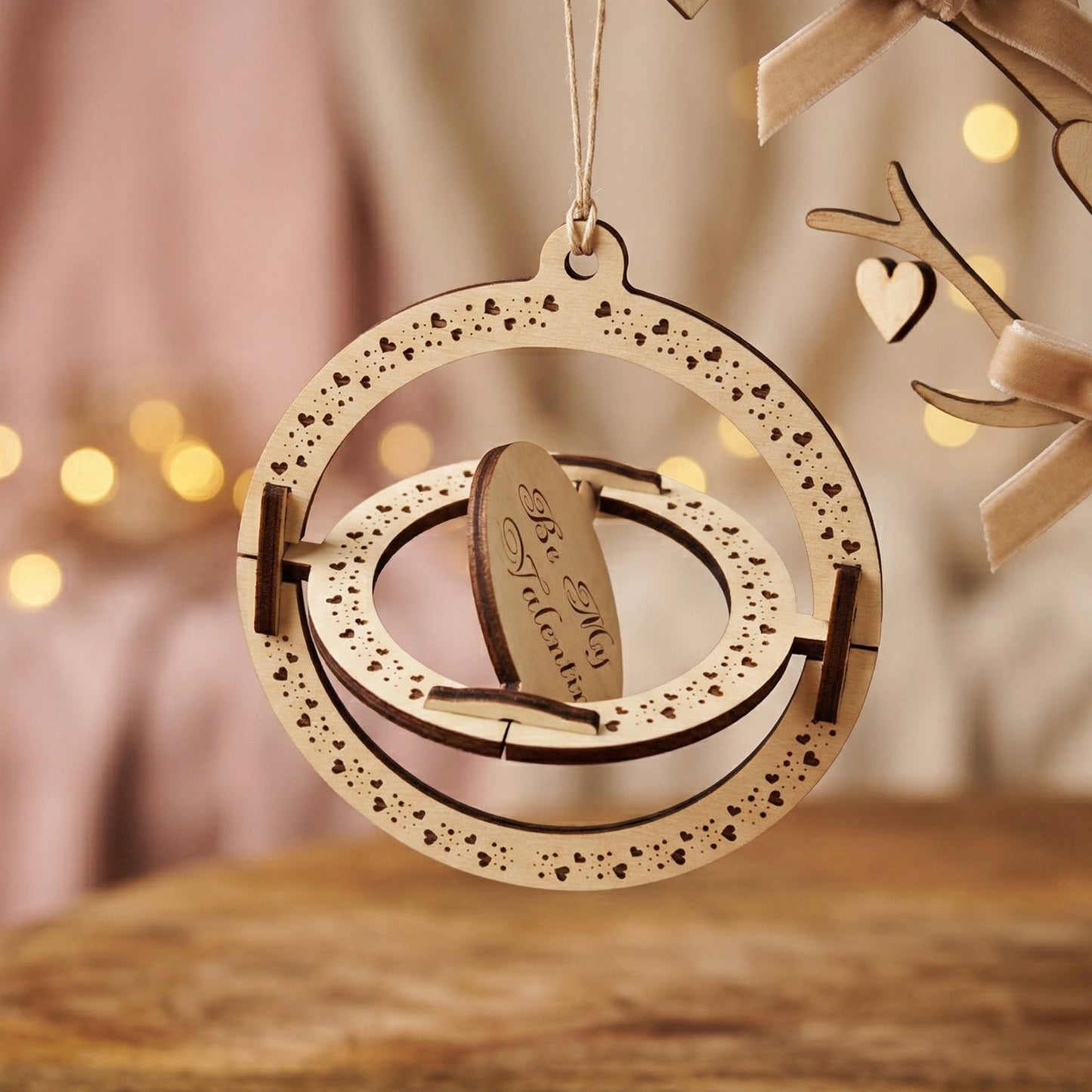 Side-angled view showing the spinning mechanism of a 3D laser-cut plywood Valentine's card. The inner circle is tilted on its axis, highlighting the kinetic wooden design. Handcrafted ornament with heart-etched borders hanging against a blurred background of warm fairy lights.
