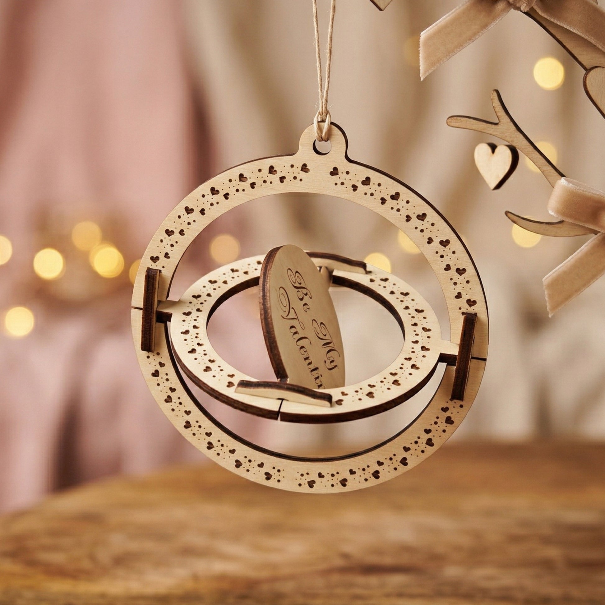 Side-angled view showing the spinning mechanism of a 3D laser-cut plywood Valentine's card. The inner circle is tilted on its axis, highlighting the kinetic wooden design. Handcrafted ornament with heart-etched borders hanging against a blurred background of warm fairy lights.