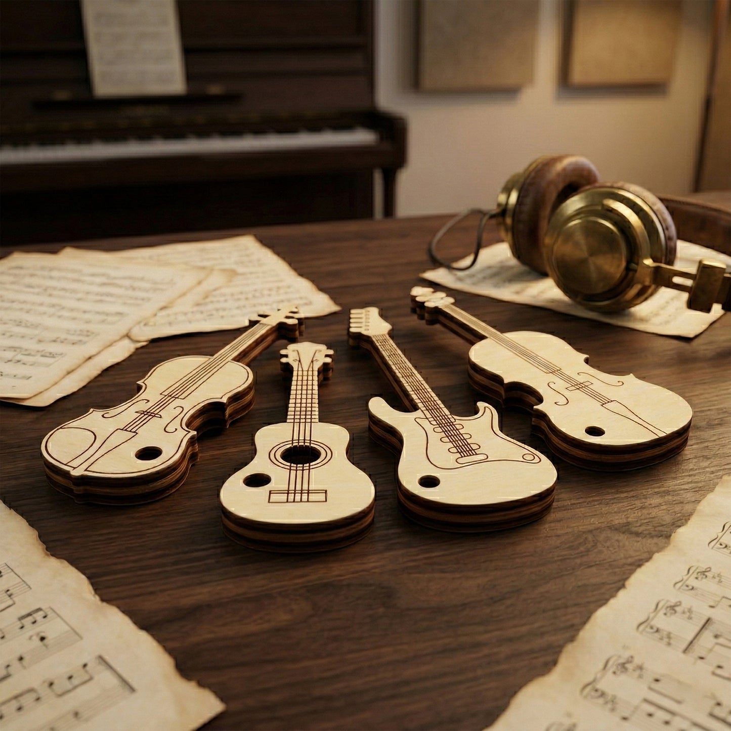 Four laser cut plywood keychains shaped like musical instruments: two violins, an acoustic guitar, and an electric guitar. They feature detailed engraved strings and body outlines, resting on a wooden table with sheet music and vintage headphones.