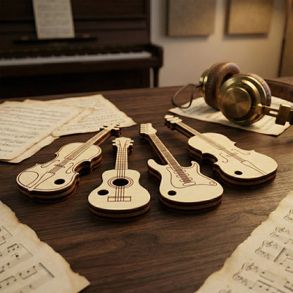 Four laser cut plywood keychains shaped like musical instruments: two violins, an acoustic guitar, and an electric guitar. They feature detailed engraved strings and body outlines, resting on a wooden table with sheet music and vintage headphones.