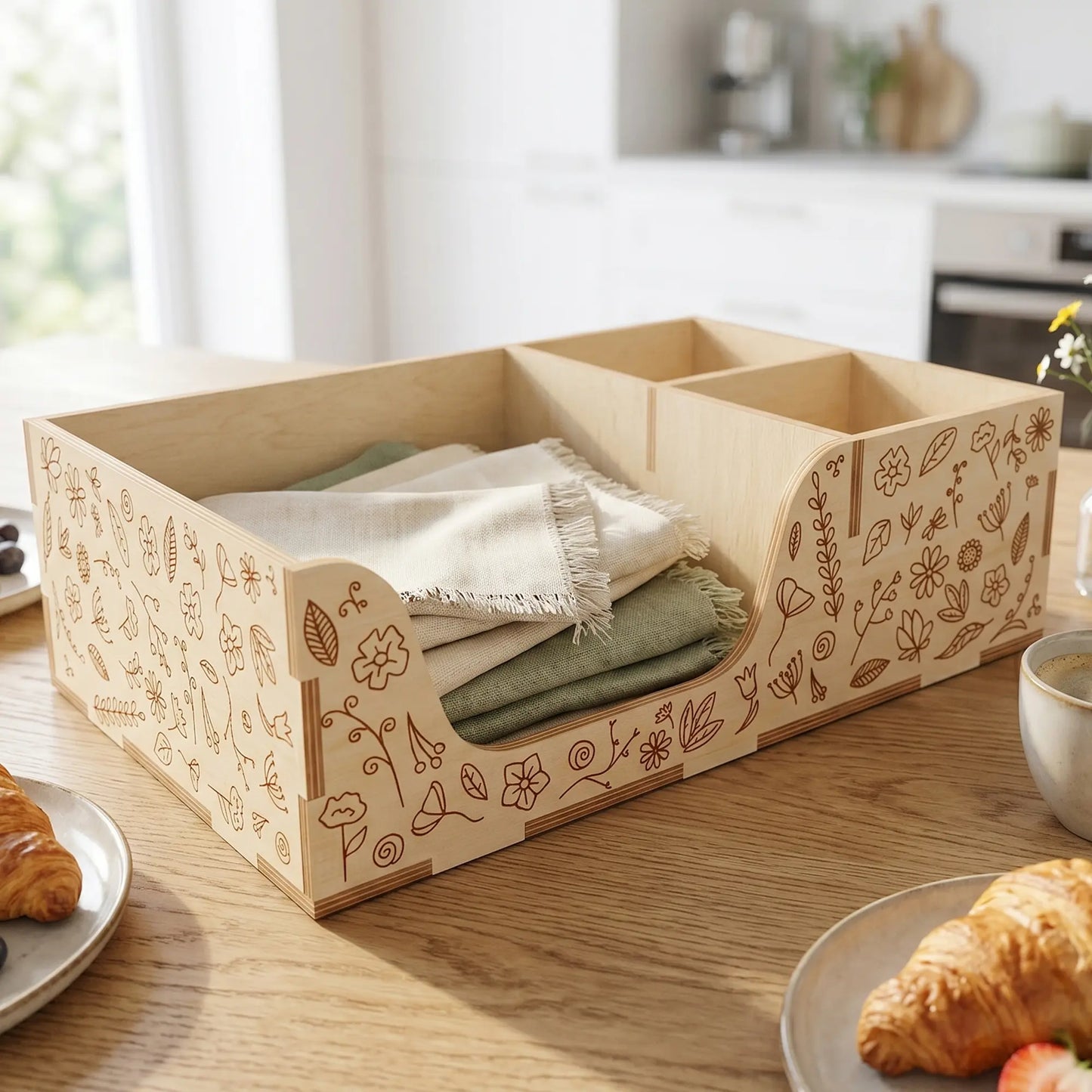 Laser cut plywood napkin holder with floral engravings on a sunny dining table with cloth napkins and breakfast croissants