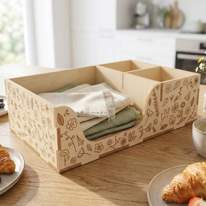 Laser cut plywood napkin holder with floral engravings on a sunny dining table with cloth napkins and breakfast croissants