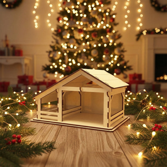 Elegant laser cut Nativity barn #1 with classic open-front manger and precise wood detailing, presented against a cozy Christmas tree bokeh background.