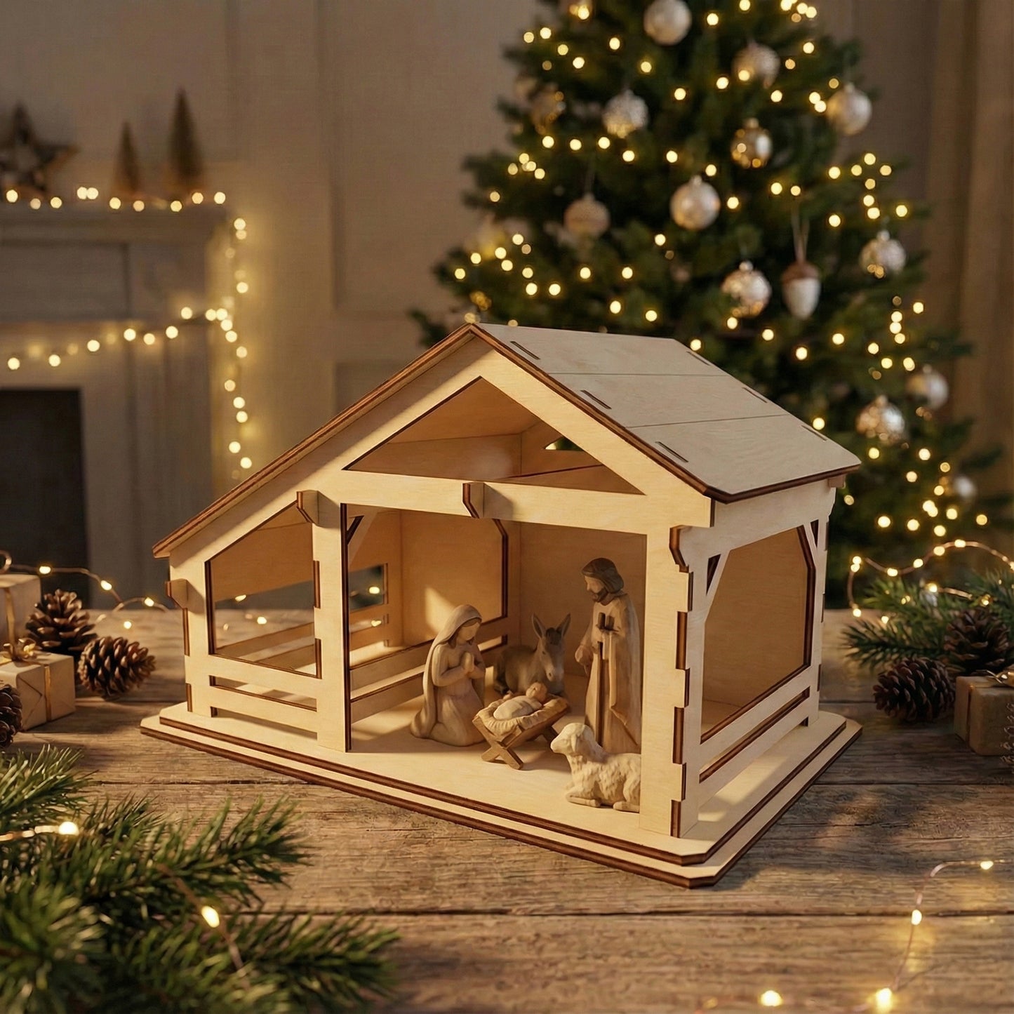 Minimalist laser cut wooden Nativity stable featuring rustic wooden construction and warm inner glow, shown in front of a twinkling holiday tree background.