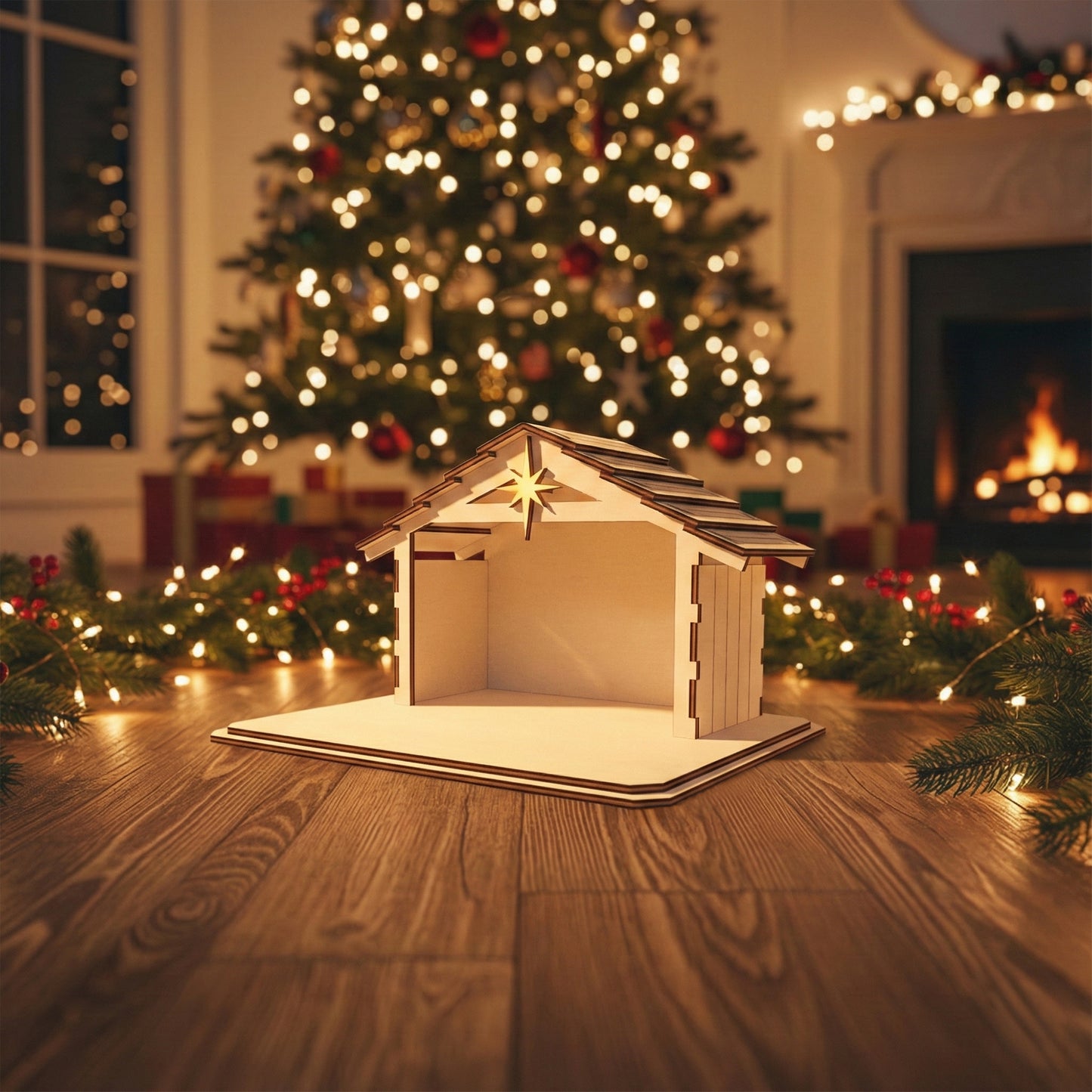 Delicate laser cut Nativity stable #2 featuring detailed wooden plank walls and a radiant star above the entrance, displayed in front of a warm twinkling Christmas tree background.