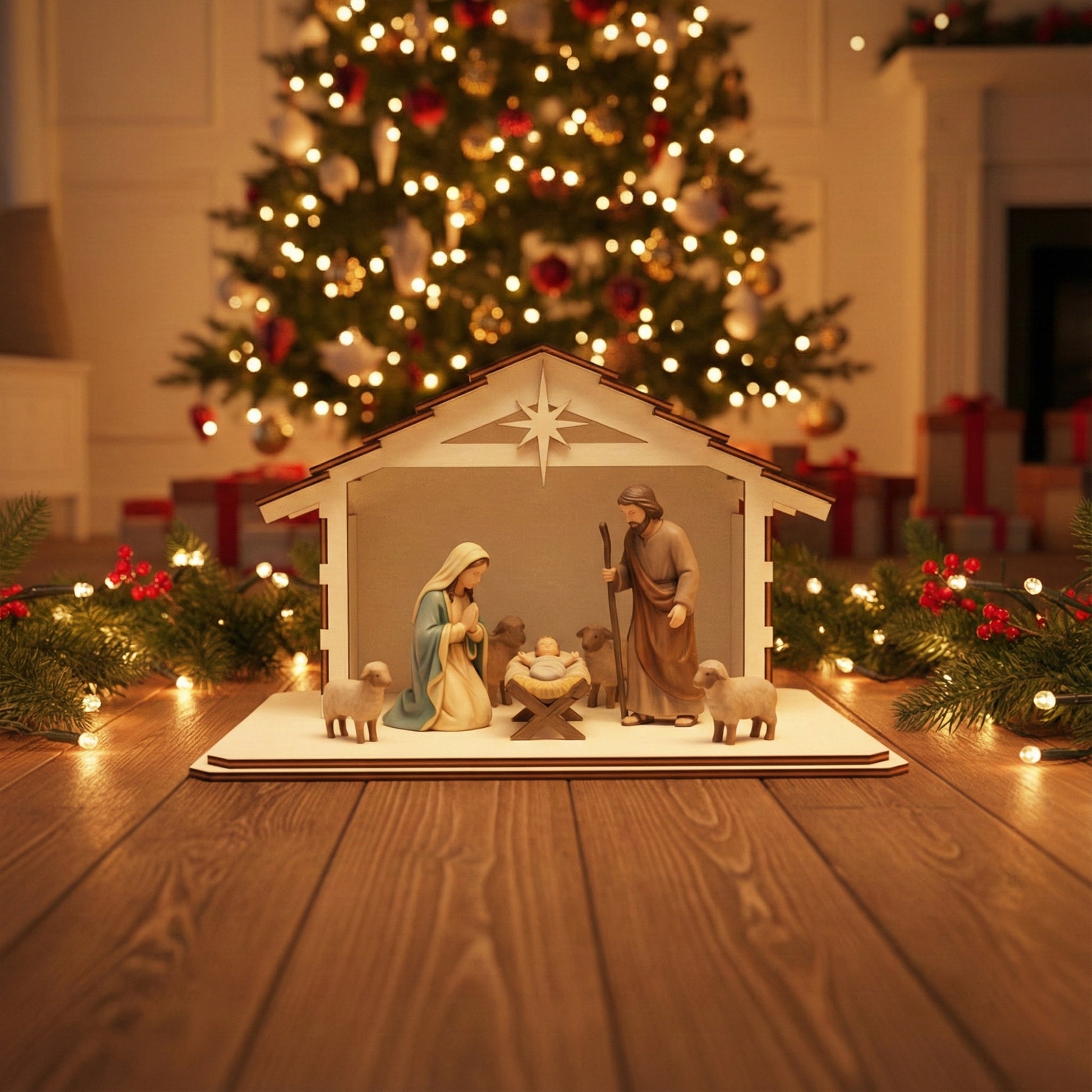 Classic laser cut wooden Nativity barn #2 with rustic slatted roof and illuminated star accent, presented against a cozy bokeh-lit holiday tree background.